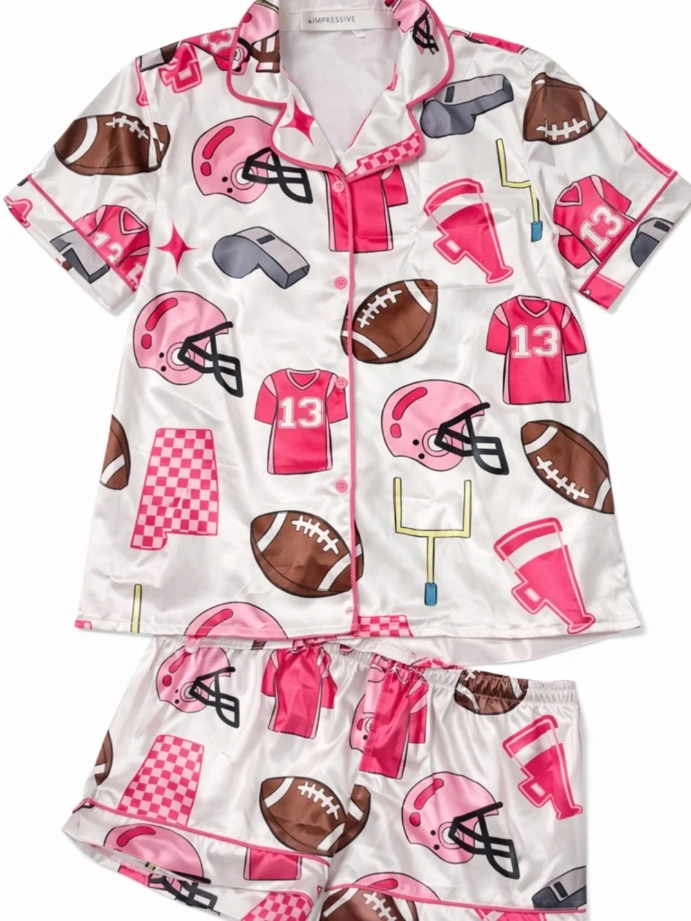 Pink Football Satin Pajama Set Game Day Lounge Set Matching PJ Shorts Set Size S
